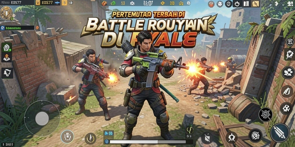 Tangkapan layar gameplay EOS77 yang mendebarkan dalam pertempuran Battle Royale.