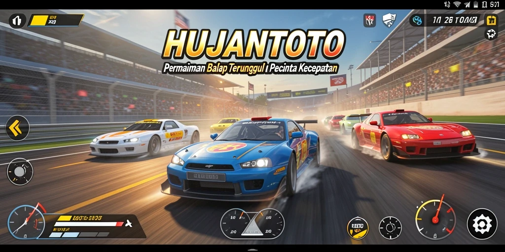 Screenshot utama HUJANTOTO menampilkan aksi balap yang mendebarkan.