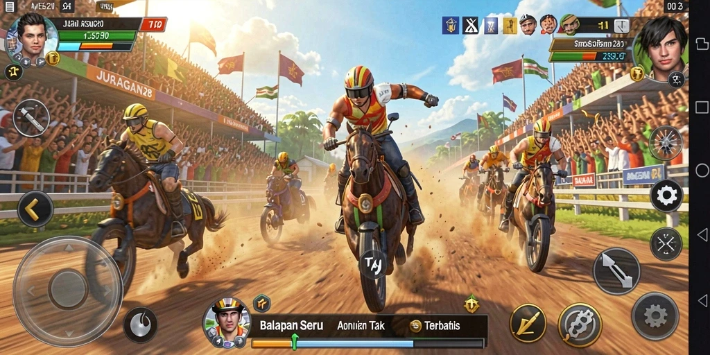 Tampilan aksi balapan seru dalam JURAGAN28.