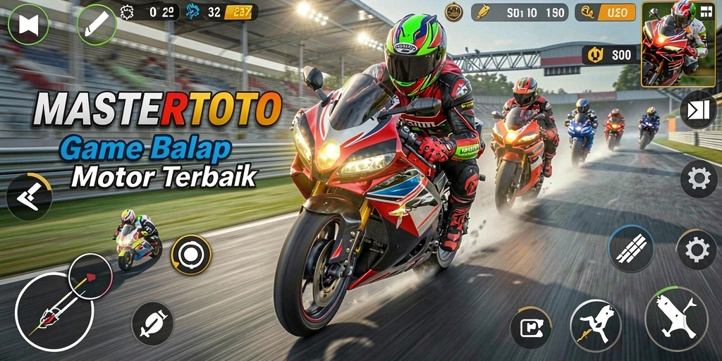 Tampilan gameplay seru dalam MASTERTOTO dengan motor balap cepat.