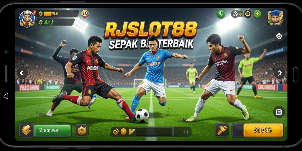 Screenshot gameplay RJSLOT88 menunjukkan pertandingan sepak bola yang mendebarkan.