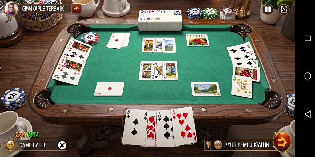 Tampilan gameplay seru dalam SPINHARTA yang menampilkan kartu Gaple.