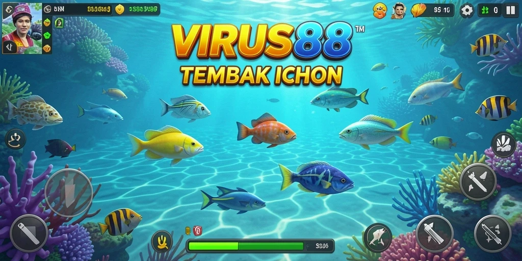 Tampilan screenshot gameplay VIRUS88 saat menembak ikan.